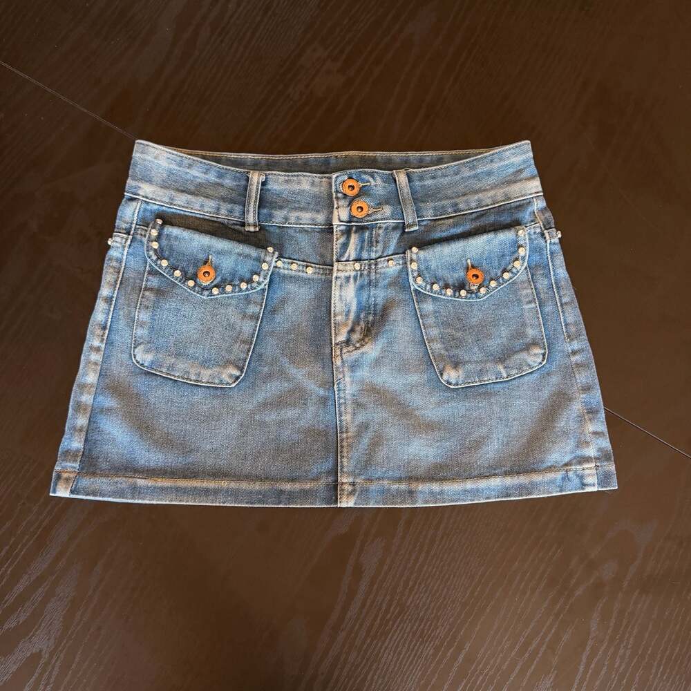 Y2K Style Embellished Rhinestone Denim Mini Skirt with Front Pockets